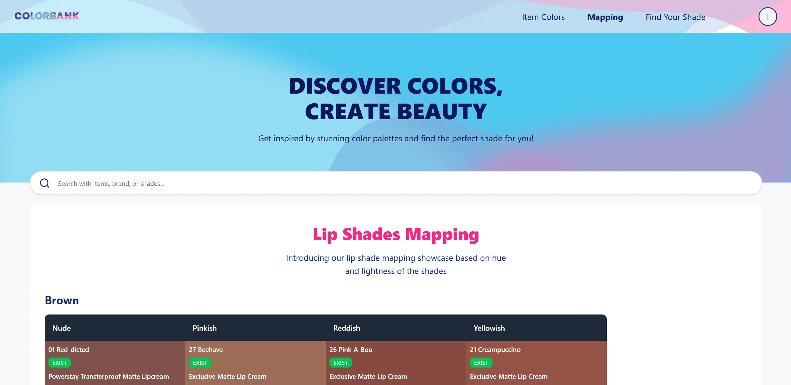 Colorbank lip shade mapping page